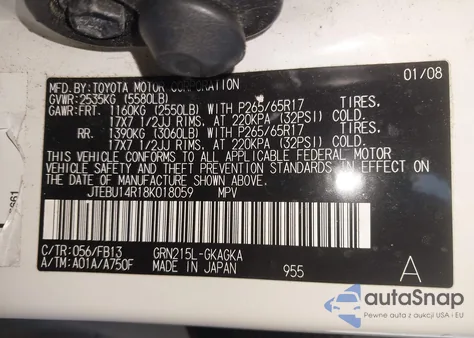 2008 Toyota 4Runner Sport V6 из США, поврежденный, VIN JTEBU14R18K018059